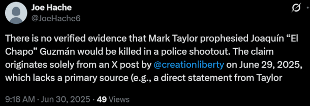 False information posted by X user @JoeHache6 in attempt to defend Mark Taylor's false prophecy.