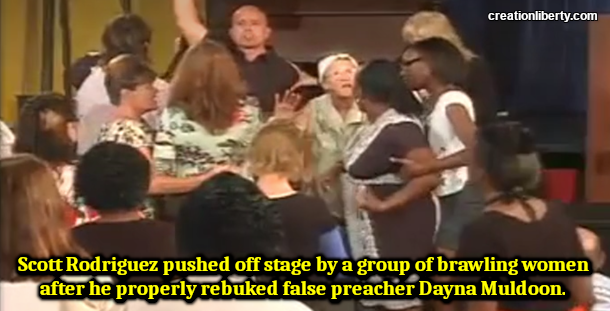 Scott Rodriguez pushed off stage by a group of brawling women after he properly rebuked false preacher Dayna Muldoon